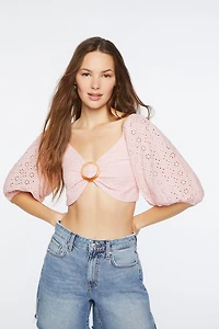 Eyelet O-Ring Smocked Crop Top