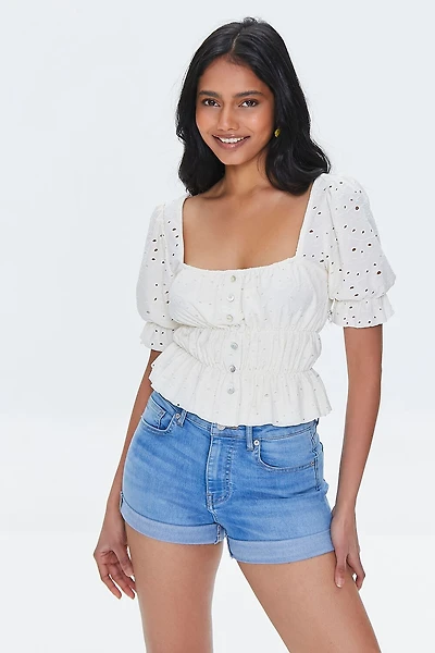 Eyelet Ruffle-Trim Crop Top