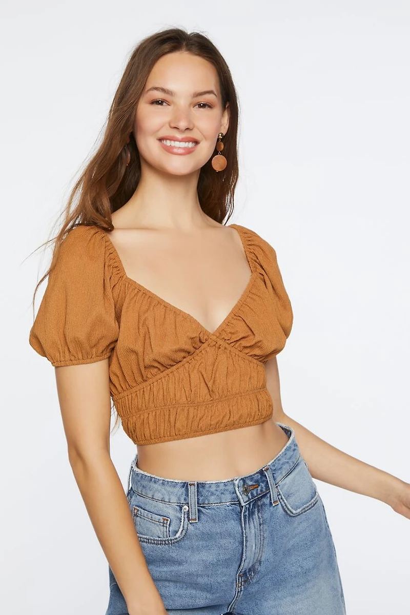 Ruched Puff-Sleeve Crop Top