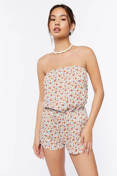 Ditsy Floral Print Strapless Romper