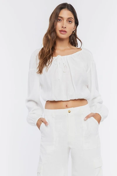 Peasant-Sleeve Ruched Crop Top