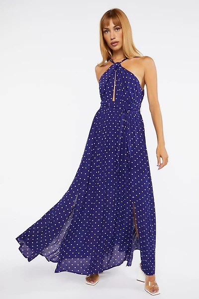 Belted Polka Dot Halter Maxi Dress