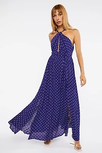 Belted Polka Dot Halter Maxi Dress
