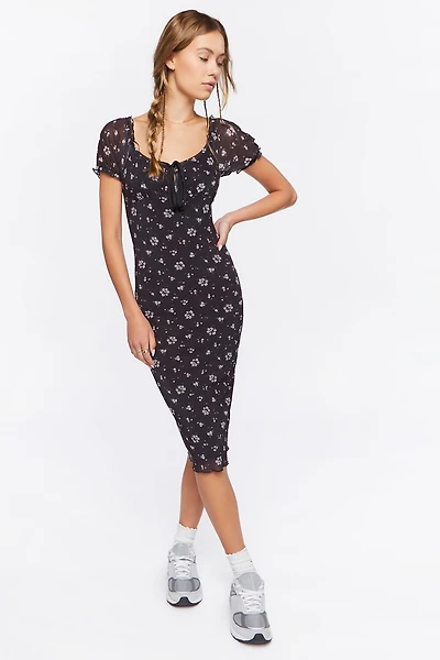 Floral Print Mesh Midi Dress