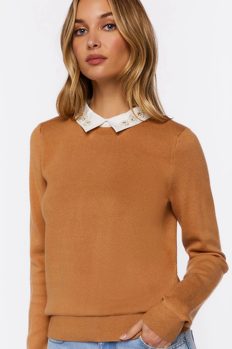 Faux Gem-Collar Sweater