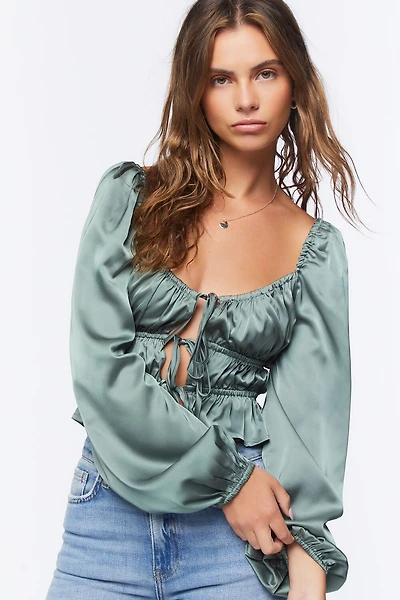 Satin Ruffle-Hem Crop Top