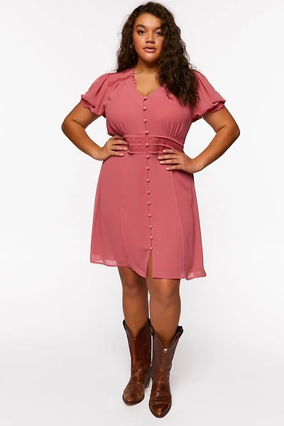 Plus Size Chiffon Puff-Sleeve Mini Dress