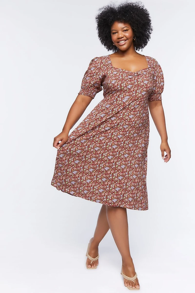 Plus Size Ditsy Floral Print Midi Dress