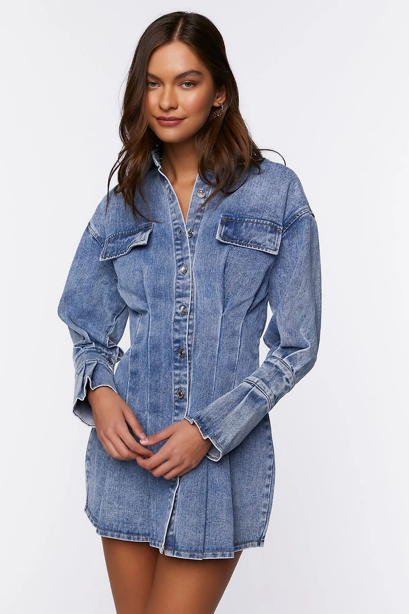 Pintucked Denim Mini Shirt Dress