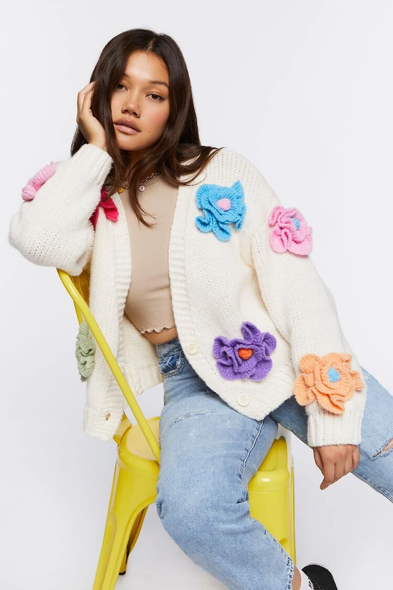 Chunky Floral Cardigan Sweater