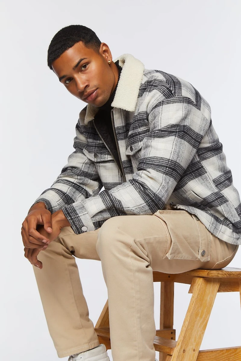 Faux Shearling-Trim Plaid Jacket