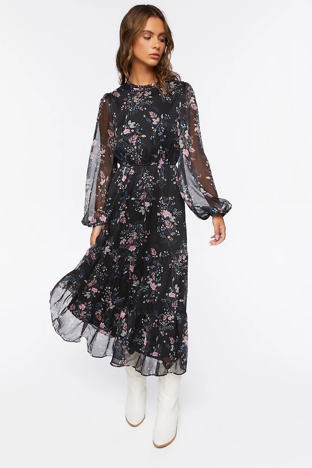 Forever 21 Women's Floral Print Midi Dress in Black Medium | MainPlace Mall Forever 21 Women's Floral Print Midi Dress in Black Medium | MainPlace Mall