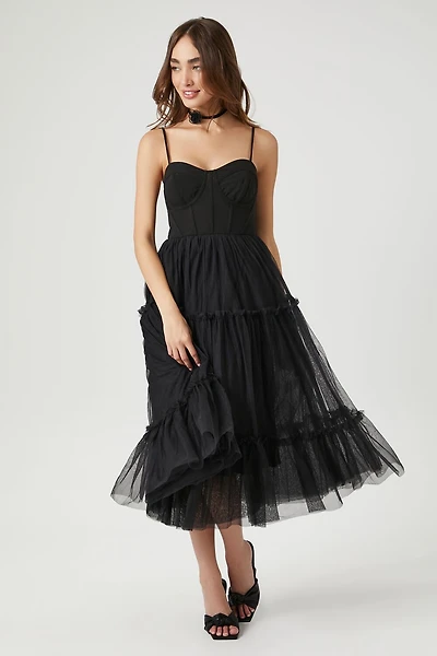 Tulle Ruffled Bustier Midi Dress