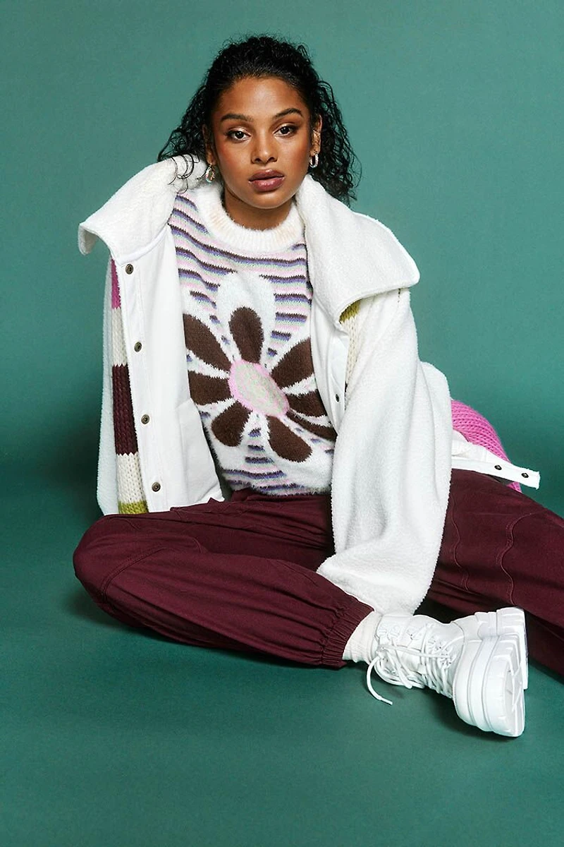 Fuzzy Striped Floral Graphic Sweater
