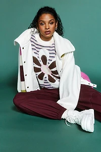 Fuzzy Striped Floral Graphic Sweater
