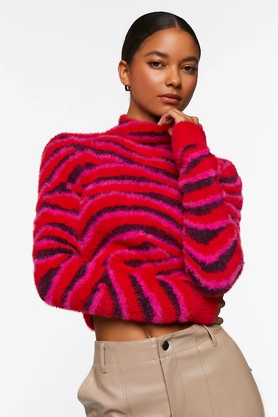 Fuzzy Zebra Print Cutout Sweater