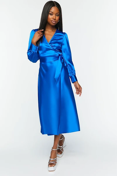 Satin Surplice Wrap Midi Dress