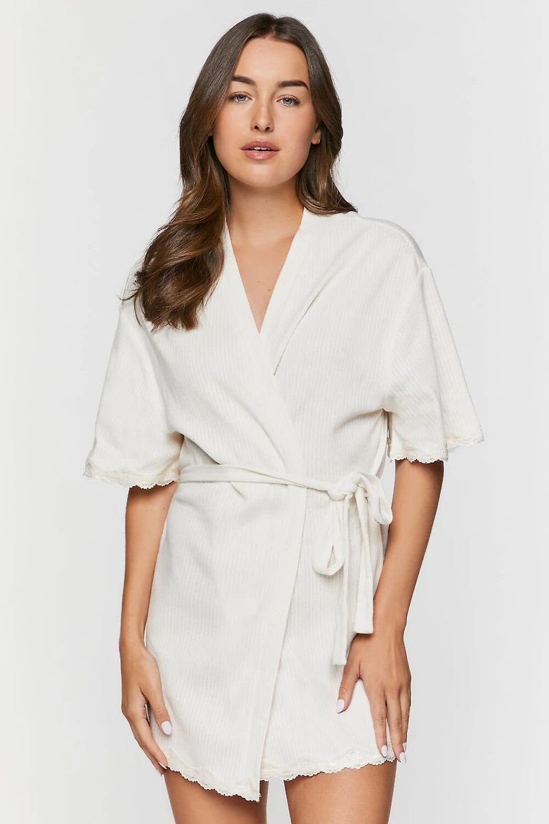 Scalloped-Trim Ribbed Lingerie Robe
