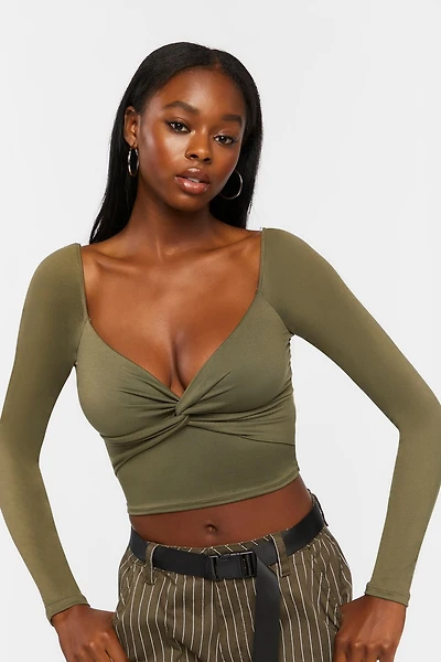 Twist-Front Long-Sleeve Crop Top