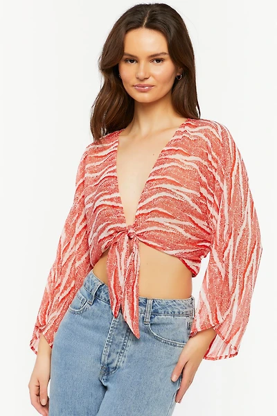 Abstract Chiffon Tie-Front Crop Top