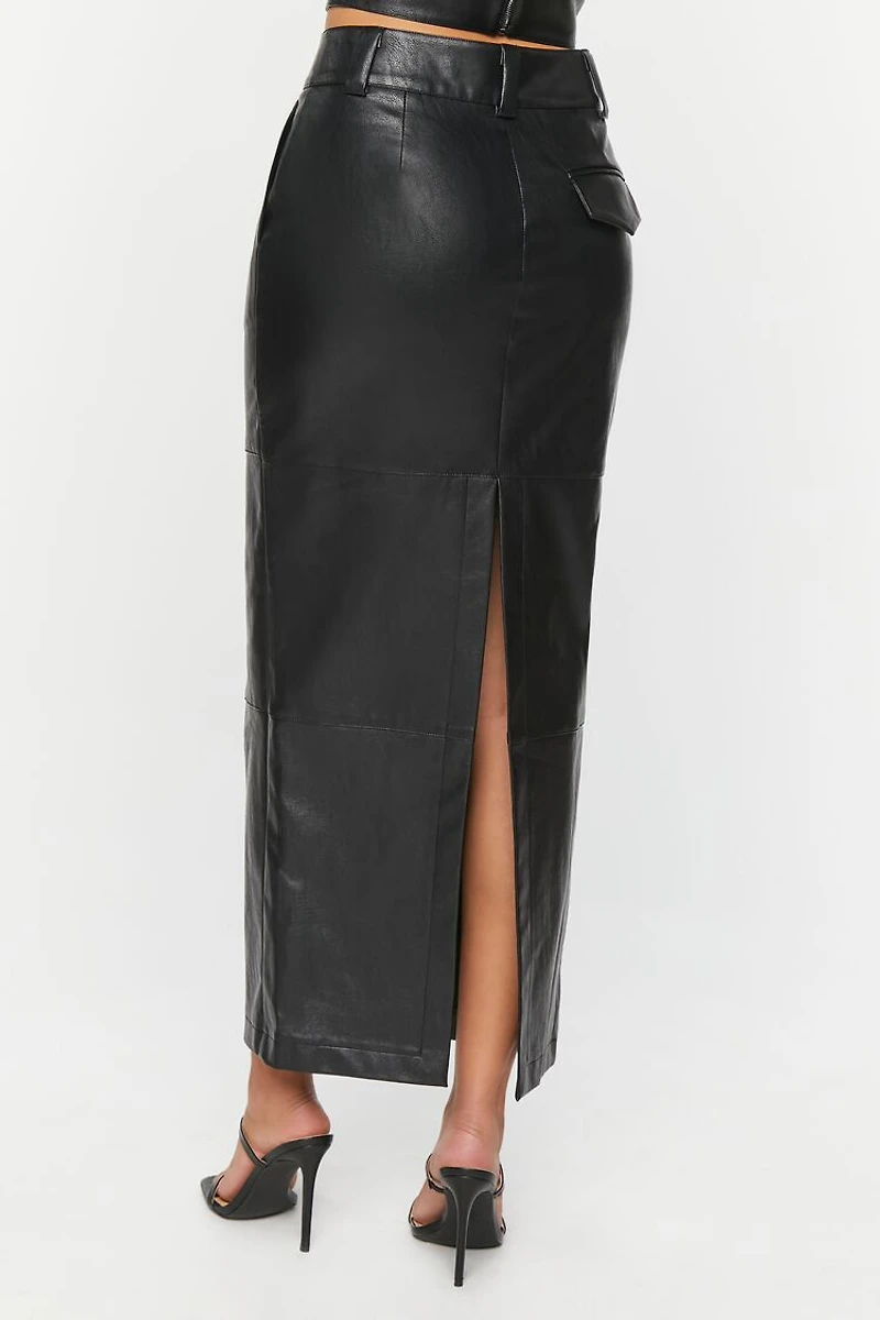 Faux Leather Slit Midi Skirt