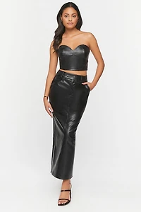 Faux Leather Slit Midi Skirt