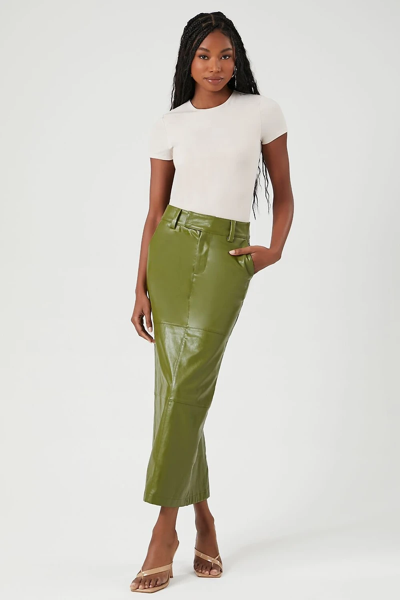 Faux Leather Slit Midi Skirt