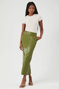 Faux Leather Slit Midi Skirt