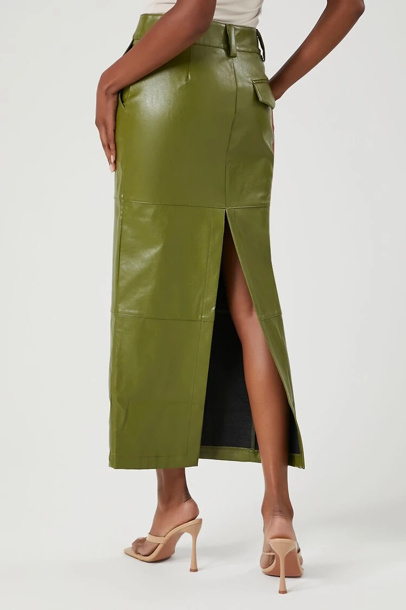 Faux Leather Slit Midi Skirt