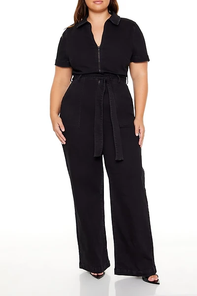 Plus Size Zip-Up Denim Jumpsuit
