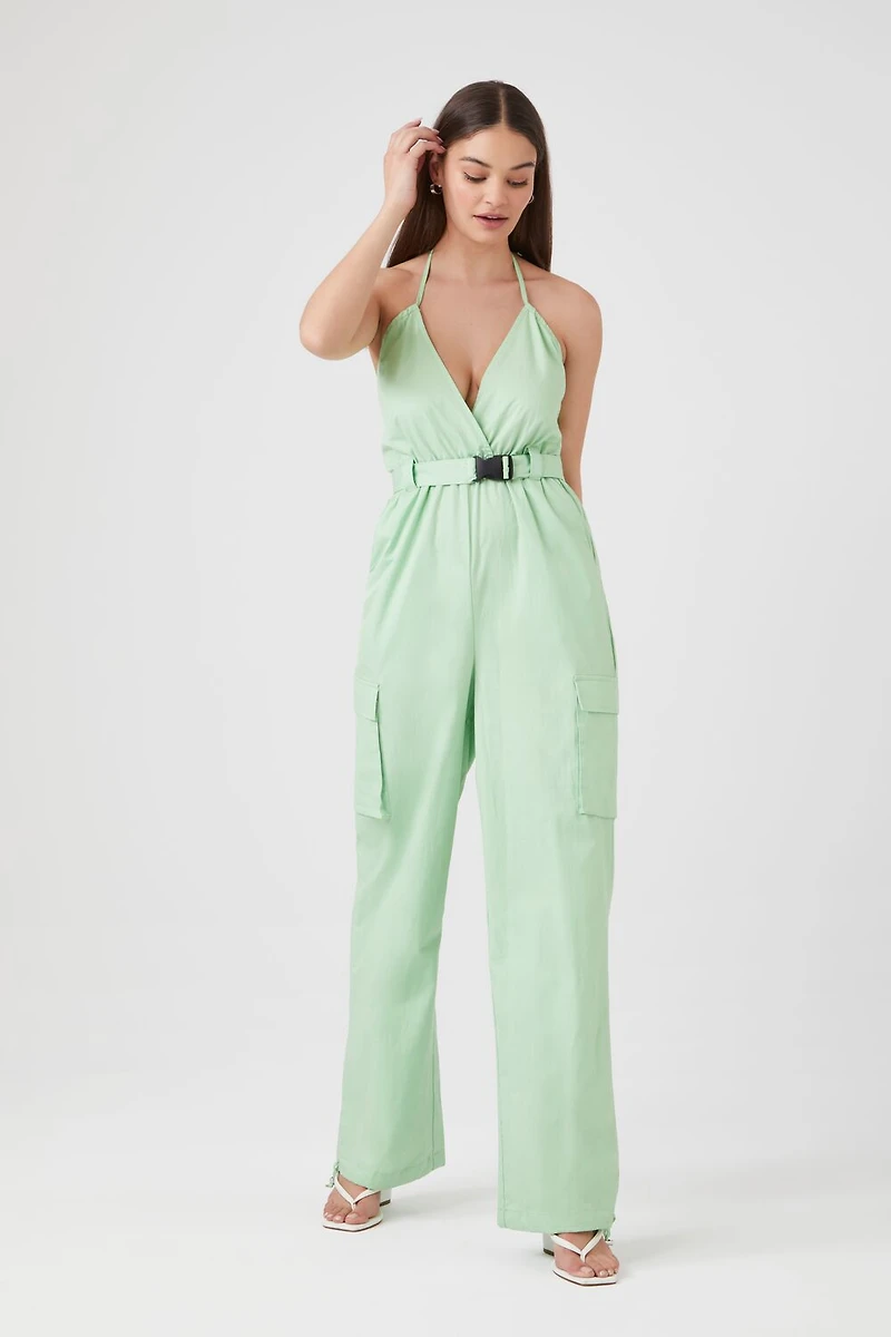 Belted Twill Halter Jumpsuit