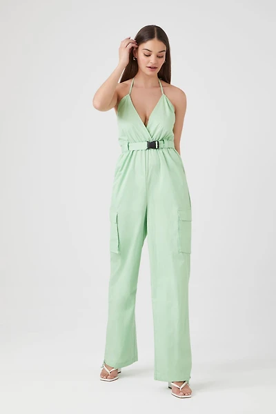 Belted Twill Halter Jumpsuit