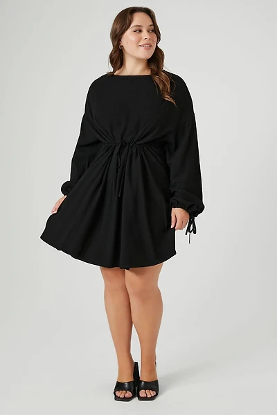 Plus Drawstring Peasant-Sleeve Mini Dress
