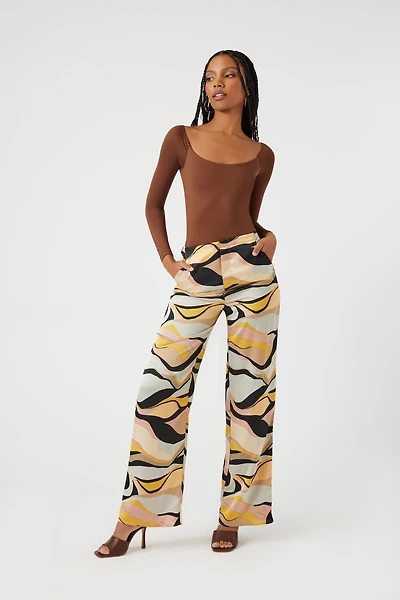 Satin Abstract Print Wide-Leg Pants