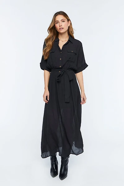 Belted Button-Front Maxi Dress