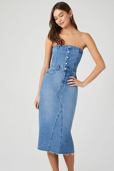 Button-Front Denim Tube Dress