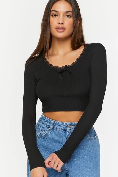 Lace-Trim Long-Sleeve Crop Top