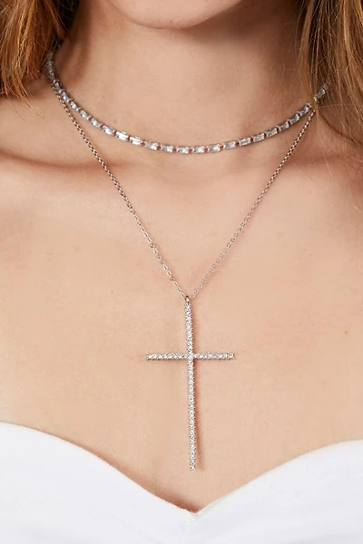 Layered Rhinestone Cross Necklace