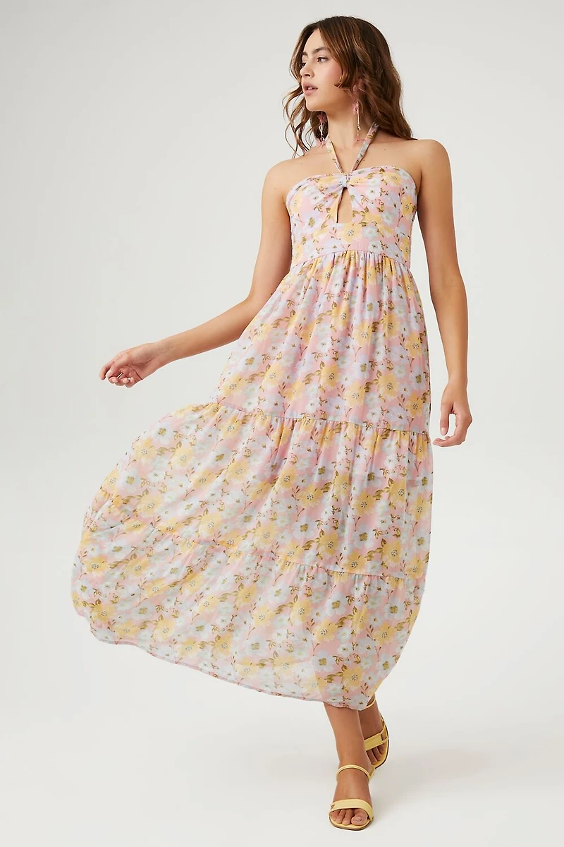chinese dress ladies Floral-Embroidered Tiered Maxi Dress Dusty Orchid / L