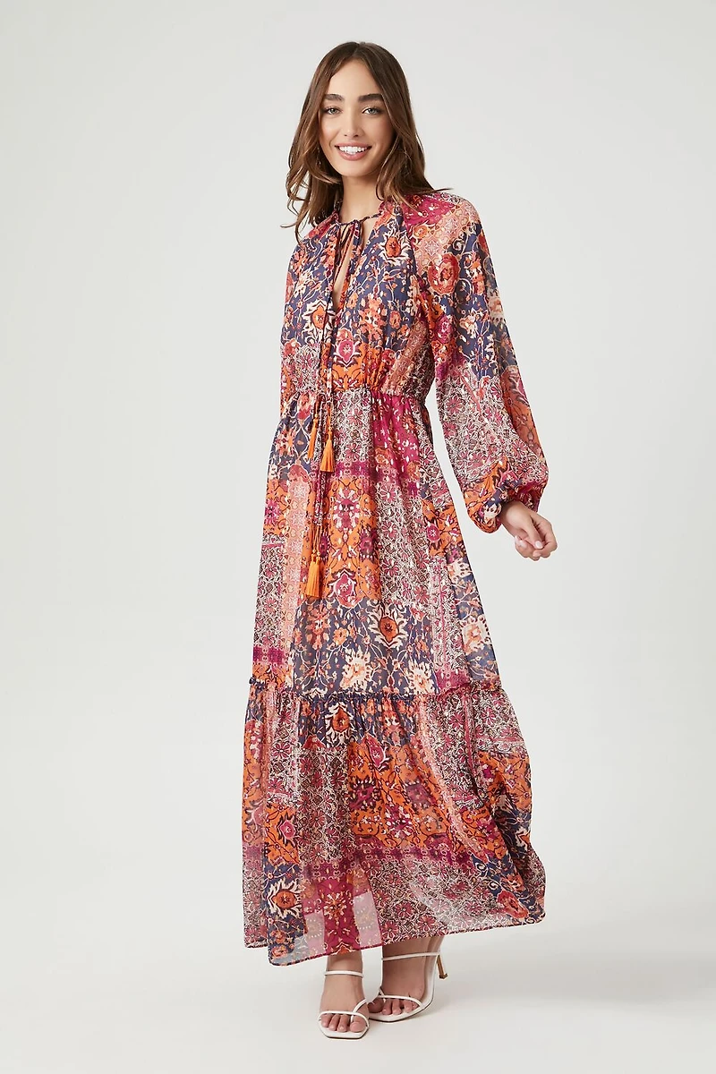 Ornate Floral Peasant-Sleeve Maxi Dress