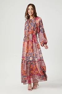 Ornate Floral Peasant-Sleeve Maxi Dress