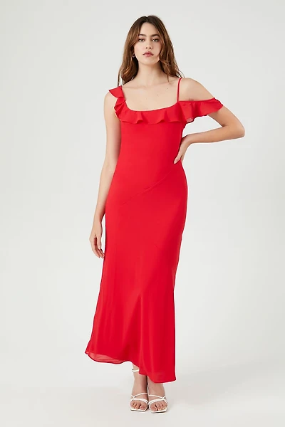 Chiffon Ruffle-Trim Slip Maxi Dress