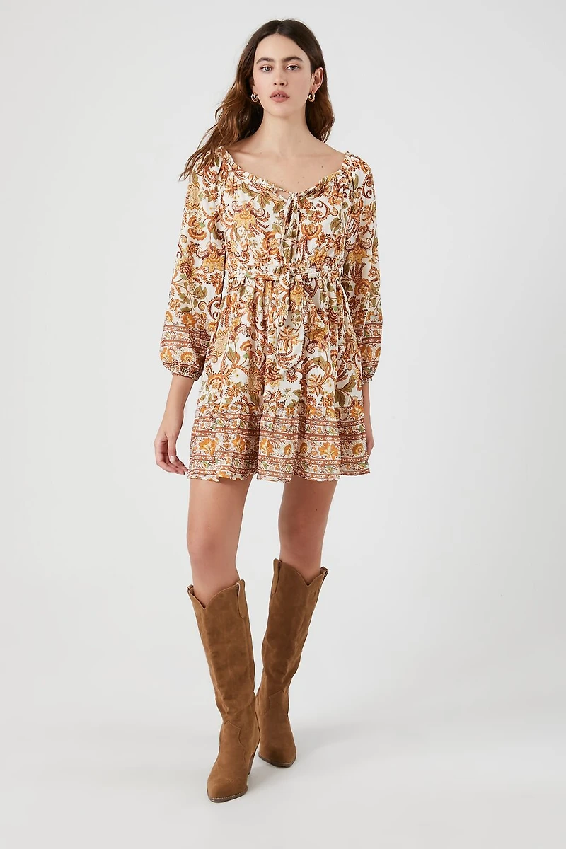 Ornate Floral Print Mini Dress