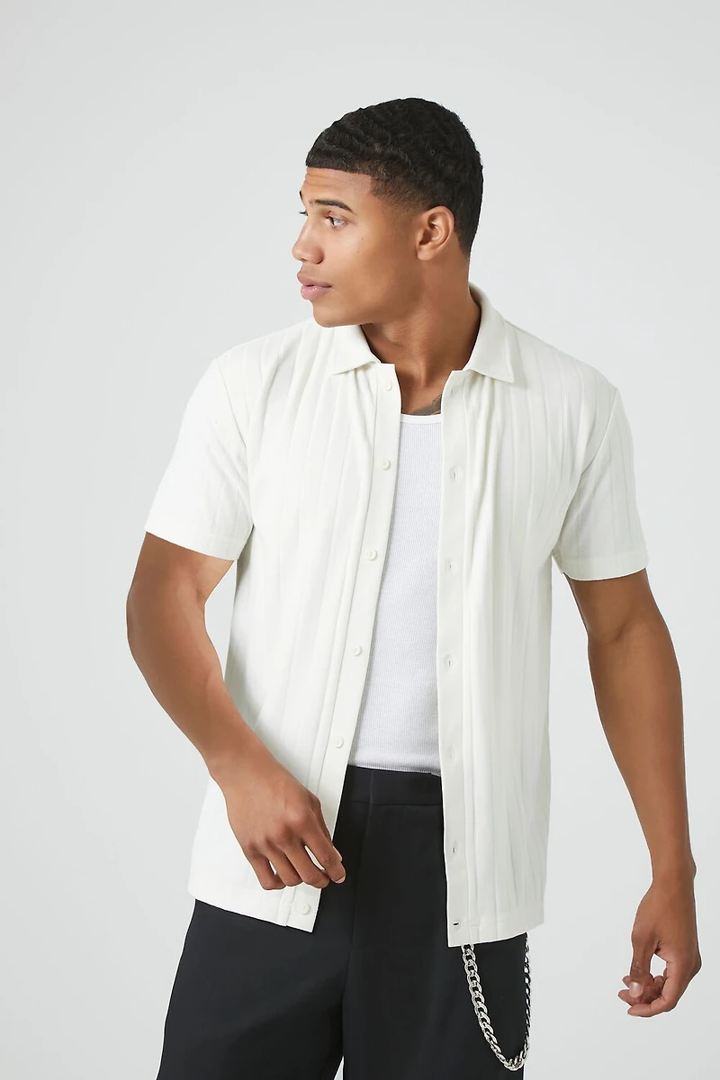 Textured Ribbed Knit Button-Down Shirt