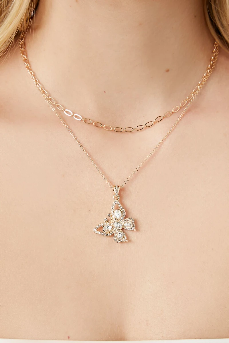 Layered Faux Gem Butterfly Necklace