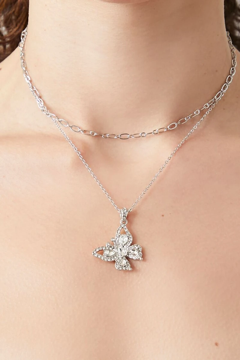 Layered Faux Gem Butterfly Necklace