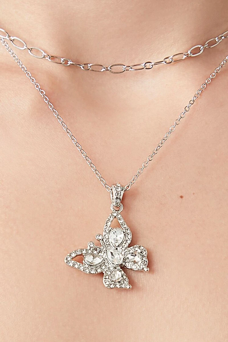 Layered Faux Gem Butterfly Necklace