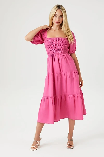 Tiered Puff-Sleeve Midi Dress