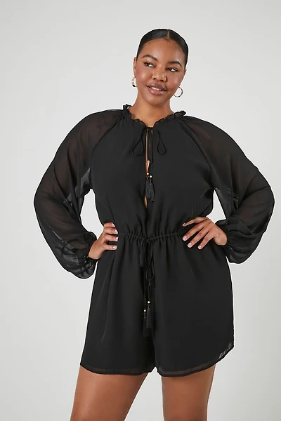 Plus Size Sheer Peasant-Sleeve Romper