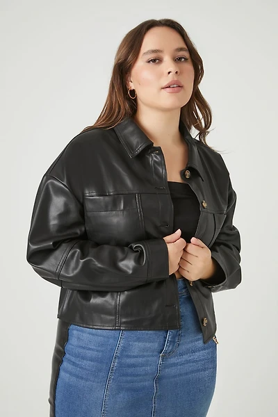 Plus Size Faux Leather Trucker Jacket